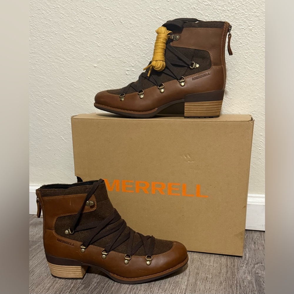 Merrell Shiloh II Leather Lace-Up Heeled Boots | Brown | Size 9.5 - Picture 2 of 7